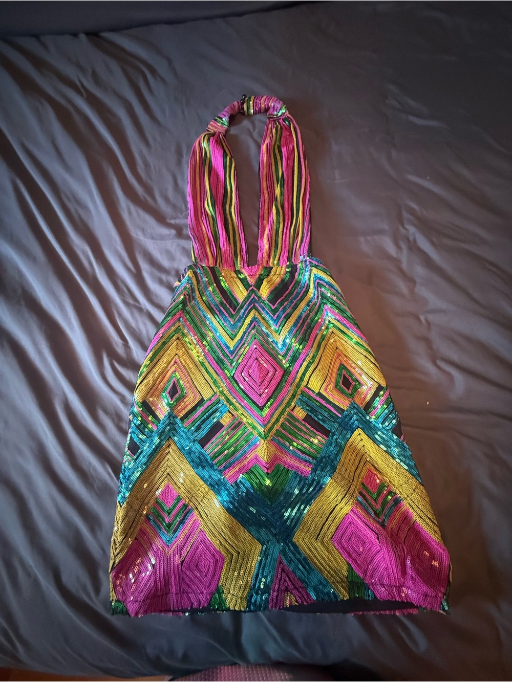 Fashion Nova Multicolor Sequin Halter Mini Dress - Pink, Green, Teal, Gold